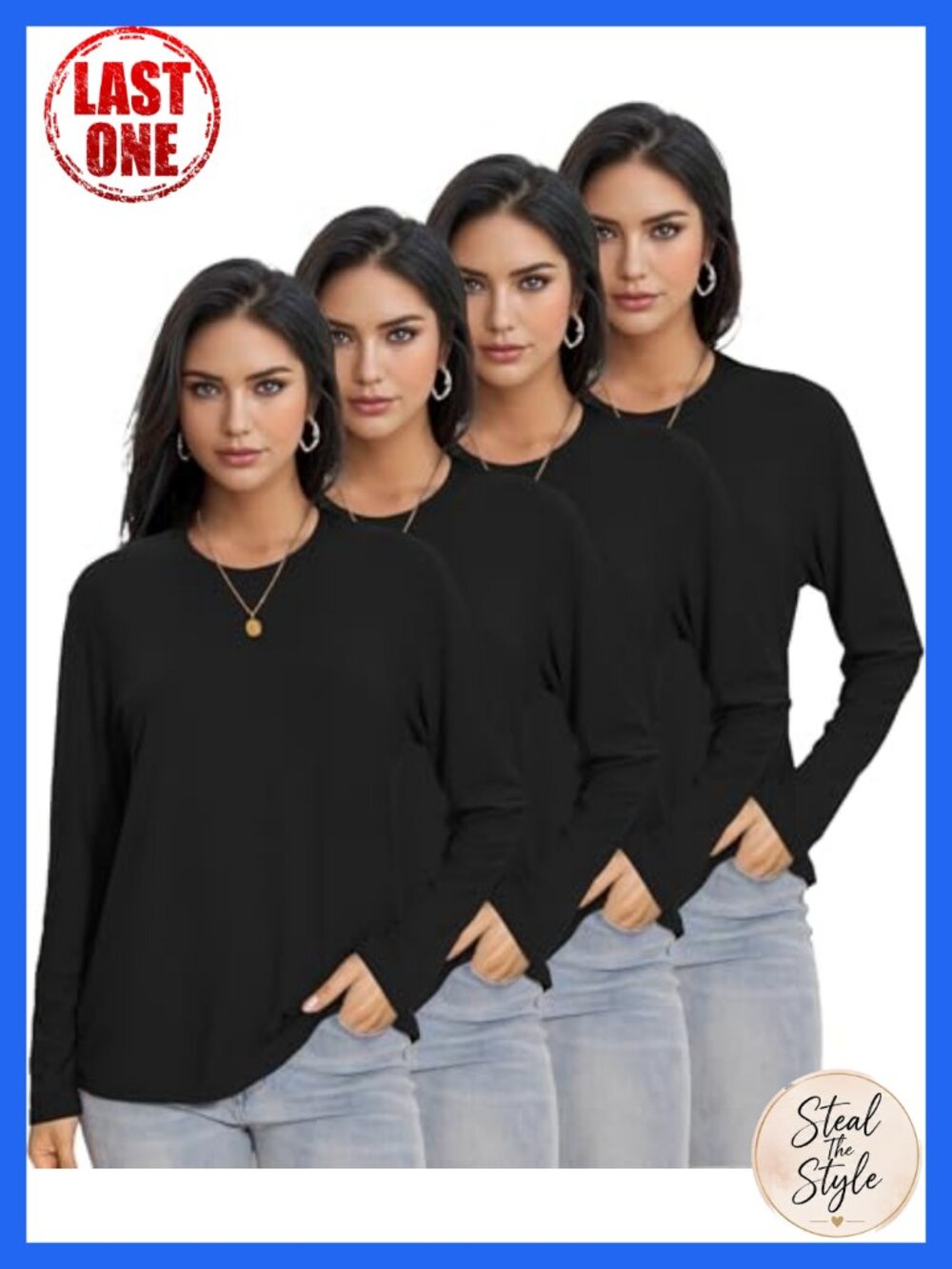 Womens Long Sleeve Crew Neck Loose Fit Basic Tops 4 Pack